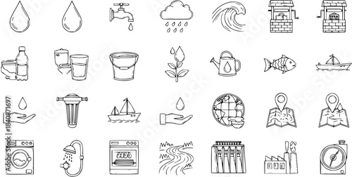 Hand-drawn Icons Representing Water Sources, Usage, and Conservation