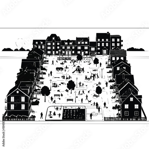 Black and white illustration of a community park surrounded by houses with people engaging in various activities.