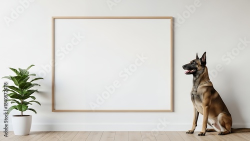 Side-view Belgian Malinois sitting beside empty wall frame space, modern minimalist decor