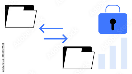 Data transfer concept. Data flow between folders with arrows and a secure lock symbol. Data transfer ensures secure exchange. For cloud storage, cybersecurity, data management, encryption, digital