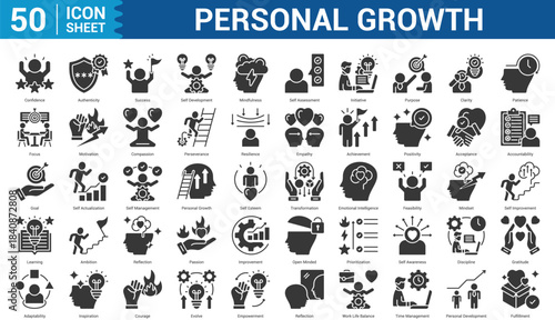 Personal Growth glyph icon set. confidence, authenticity, success, self development, mindfulness, self assessment, initiative, purpose, and more. Eps 10