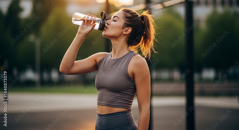 Fototapeta premium Young woman in athletic wear drinking water from a bottle outdoors after a workout.
