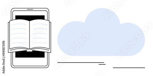 Open book over smartphone next to a large cloud icon representing online data access. Ideal for education, technology, reading, e-learning, online library, knowledge sharing, information storage