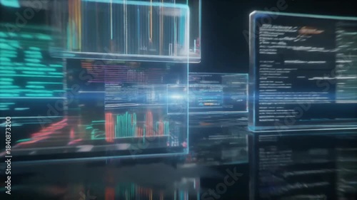 transparent holographic data panels float in layered depth, Displaying charts and interfaces against a dark technological background, creating a clean futuristic analytics environment.