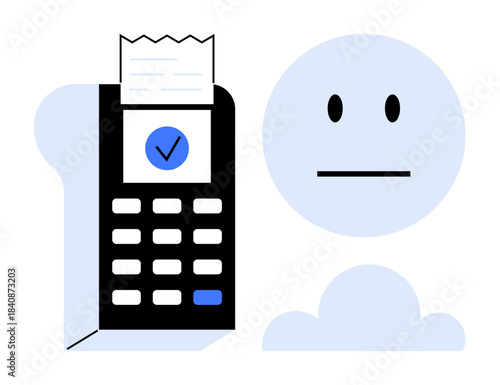 Digital payments, receipt printing, transaction records, financial technology, cashless systems, modern commerce. Payment terminal with receipt and face icon. Digital payments and financial