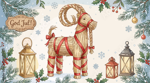 God Jul text, Swedish Christmas tradition with straw goat, julbock, vintage card with copy space.