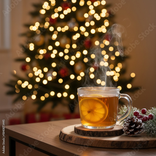 cup of tea with christmas decorations