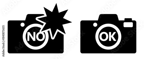 施設の注意書きで使用するカメラ使用OK、フラッシュ禁止アイコン