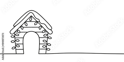 Minimalist line art of doghouse with Christmas lights and snow, simple holiday illustration with copy space