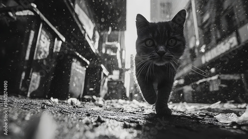 Fototapeta Naklejka Na Ścianę i Meble -  A cat is walking down a city street