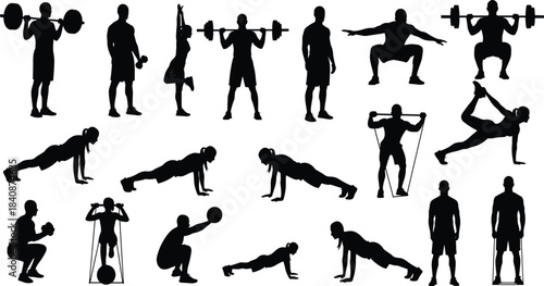 Black Silhouette Set of Eighteen People Exercising, Doing Squats, Push-ups, Resistance Band Training, and Yoga Poses, Vector Illustration for Health, Gym, and Fitness
