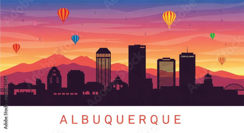 Albuquerque skyline with hot air balloons at sunset