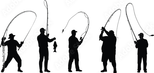 Black Silhouette Set of Five Men Fishing, Casting Rods, Catching Fish, and Holding a Pole, Vector Illustration for Sport, Hobby, and Outdoor Recreation