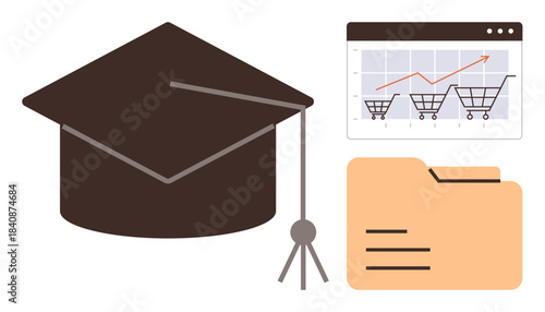 Graduation cap, analytics chart with shopping cart growth, and a file folder. Ideal for education, data analysis, e-commerce, progress tracking, career growth learning and organization concepts. A