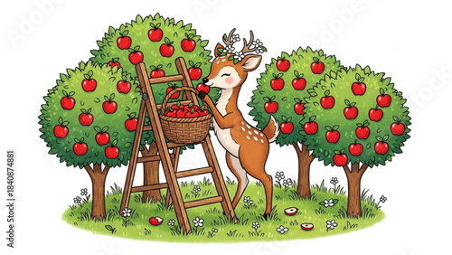 Deer Picking Apple in Cottage Garden