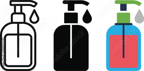 Hand Sanitizer Bottle Icons in Outline Silhouette and Color