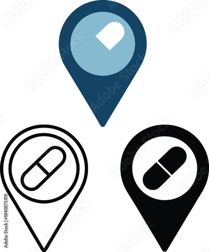 Medical location pin icons in three styles marker