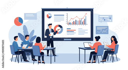 Businessman giving a presentation with charts and graphs on a large screen to an audience of colleagues in a modern office meeting or conference.