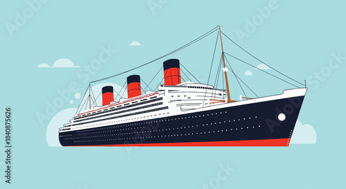 Illustration of a grand vintage ocean liner with three red funnels sailing on the sea, evoking the golden age of transatlantic passenger travel.