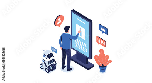 Man interacting with a large digital kiosk or smart screen, with a small robot assistant nearby, illustrating futuristic technology and user interface.