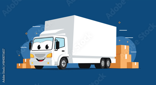 Cute cartoon delivery truck with a happy smiling face parked next to stacks of cardboard boxes, ready for shipping and logistics services.
