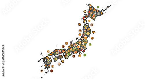 Creative map of Japan composed entirely of various icons of traditional and popular Japanese food dishes, representing the nation's rich cuisine.
