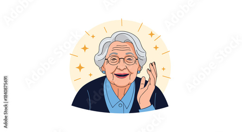 Portrait of a happy, smiling elderly woman with gray hair and glasses, surrounded by sparkles, radiating joy, wisdom, and positive energy.