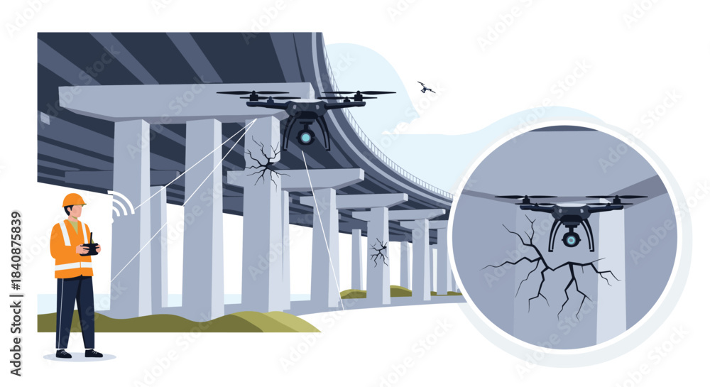 Obraz premium Engineer uses a remote control for a drone to perform a structural inspection of cracks under a concrete bridge, illustrating modern maintenance.