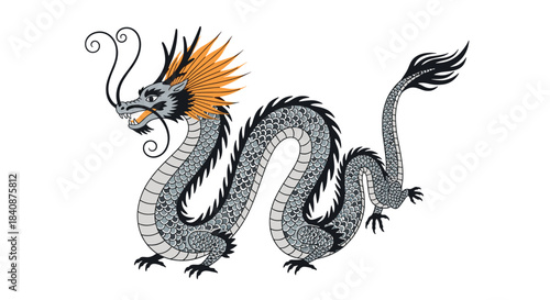 Traditional Chinese or Japanese dragon with gray scales and an orange mane, depicted in a classic Asian mythological art style on a white background.