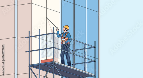 Construction worker wearing a hard hat and safety vest applies sealant or caulking to the exterior wall of a modern building from a scaffold.