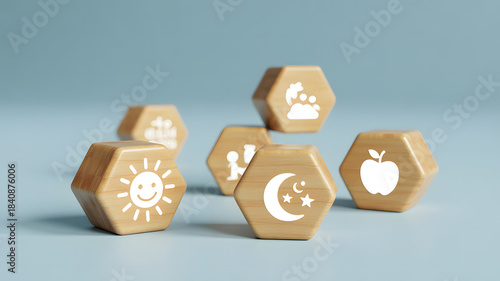 Hexagonal Educational Blocks with Icons for Science Nature Weather and Imaginative Learning Concepts
