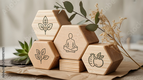 Hexagonal Wooden Blocks with Wellness Icons Including Leaf Meditation and Nutrition Surrounded by Natural Elements