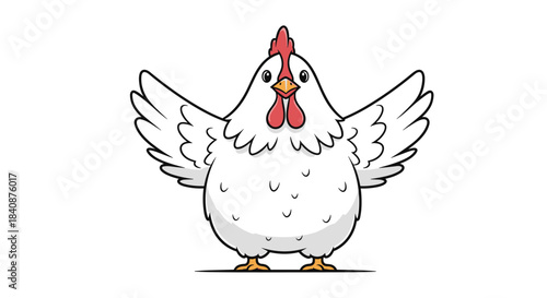 A plump white chicken stands facing forward with its wings slightly spread, in a cute and simple cartoon character illustration for a farm concept.