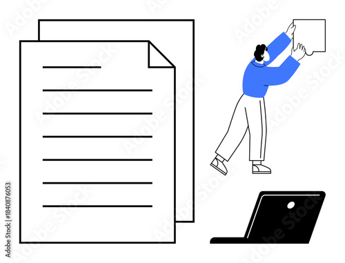 Document management. Abstract concept showing digital documents, laptop, and a person organizing files. Document management supports organization, productivity, and efficiency. For tech, business