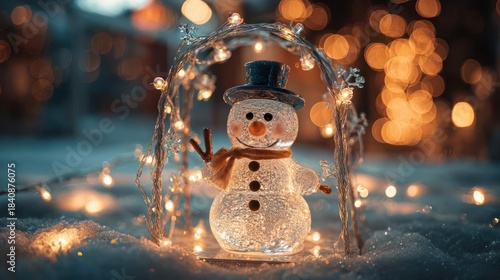 Charming illuminated snowman decoration surrounded by warm glowing fairy lights in a snowy winter setting