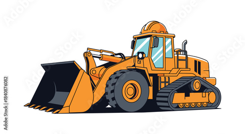 Illustration of a powerful yellow wheel loader or bulldozer with a large bucket and tracks, wearing a hard hat, in a bold, stylized art style.