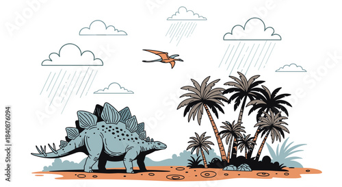 Prehistoric landscape scene featuring a stegosaurus dinosaur and a flying pterodactyl, with palm trees and rain falling from the clouds above.