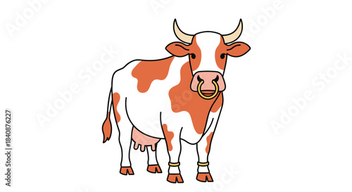 A brown and white dairy cow with a nose ring and ankle bracelets stands looking forward in a simple and clean cartoon style illustration.