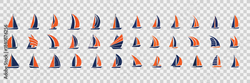 Stylized collection of various sailboat logo designs and icons, showcasing diverse forms and arrangements of blue and orange sails on a bright backdrop. 
