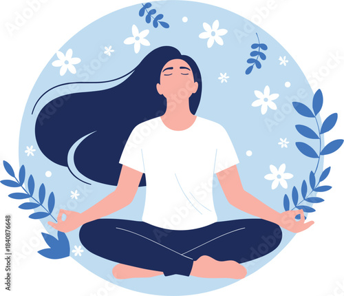 Woman practicing peaceful meditation in lotus pose surrounded by calming floral elements in modern wellness vector illustration
