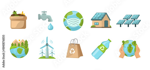 Eco lifestyle icon set, go green icons, zero waste vector illustration, green energy vector set