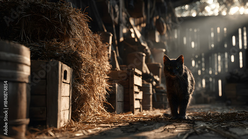 Fototapeta Naklejka Na Ścianę i Meble -  A black cat is walking through a barn with hay and wooden crates