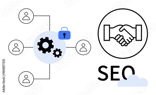 SEO concept. SEO is crucial for online visibility, effective data sharing, and secure content. SEO ensures authenticity and trust. Related to digital marketing, branding, analytics, cybersecurity