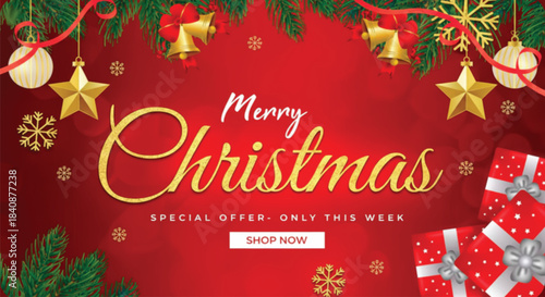 A vibrant and festive Christmas sale banner featuring a rich red background, elegant golden script text reading 'Merry Christmas', surrounded by golden bells, stars, snowflakes, pine branches, gifts.