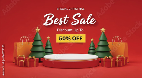 A special christmas best sale discount up to 50% off with podium and gift boxes