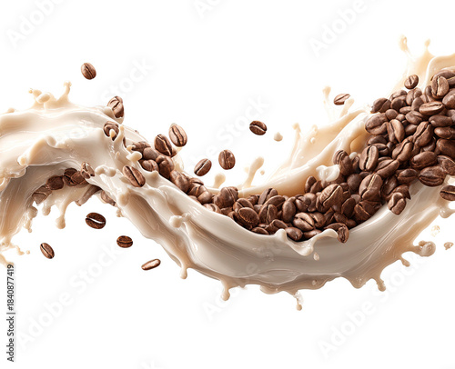Coffee beans falling into milky splash on black background