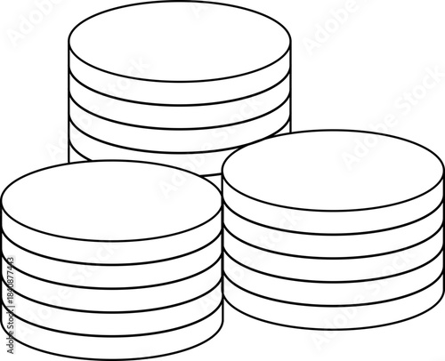 Simple black and white line art illustration of three stacks of coins or tokens, symbolizing finance, savings, investment, or game chips.