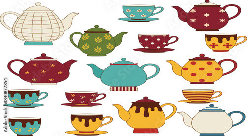Colorful vintage teapots and teacups collection in decorative retro style perfect for tea-themed designs and illustrations