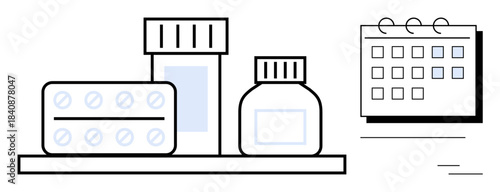 Pill bottles, blister pack, and marked calendar emphasizing organized medication intake. Ideal for healthcare, wellness planning, routine tracking, pharmacy, self-care, time management medical