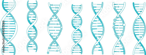 Collection of turquoise DNA helix icons representing genetics, molecular structure, biology research, biotechnology, genome science and medical illustration